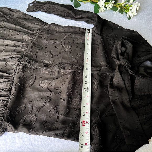 Women’s Black Sheer Embroidered Mini Dress Ruffle Hem Long Sleeve Button Up - Picture 8 of 15